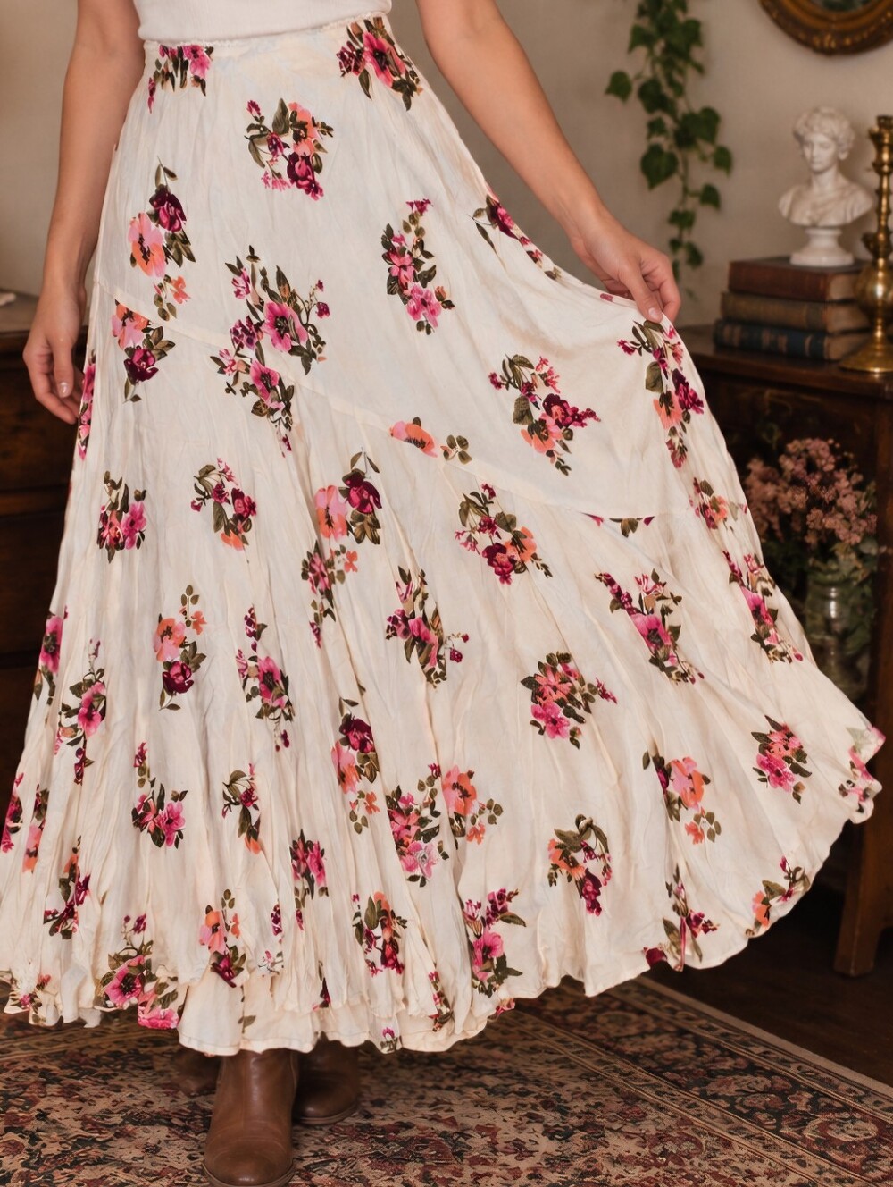 0200 Lola P Floral Maxi Skirt Cream Pink Cottagecore Romantic Boho Large w/Flaw